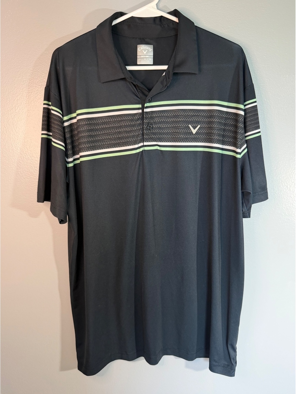 Callaway Men's Golf Polo Shirt Size Large Black with Green and White Stripes
